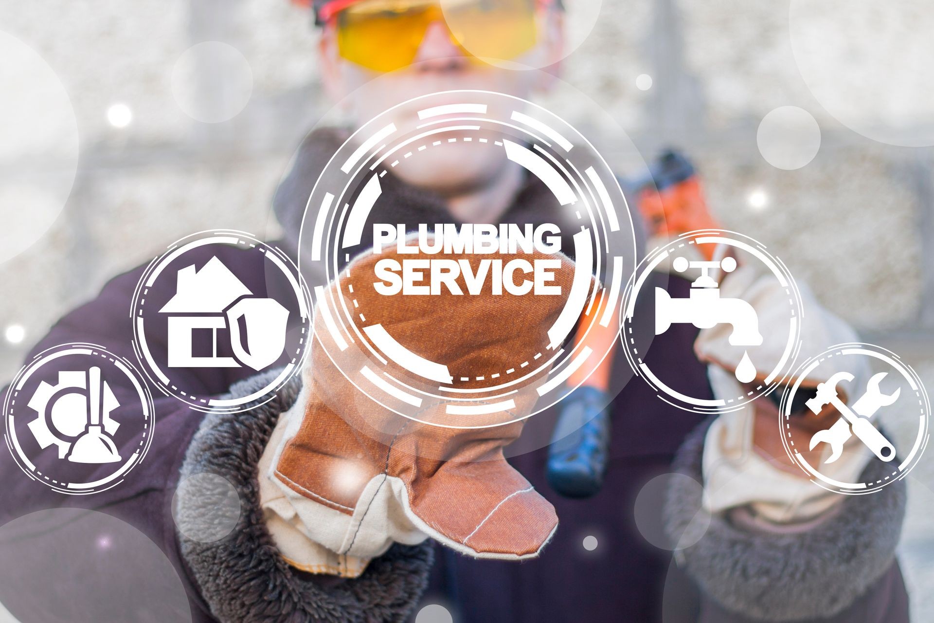 Plumber uses on a virtual screen of the future and touches the inscription: PLUMBING SERVICE. Plumbing repair service сoncept.
