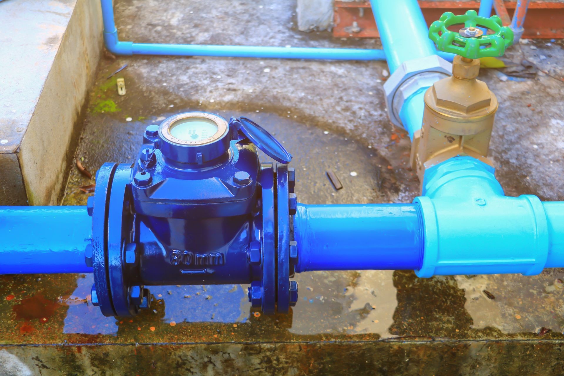 Water Meters  plumbing joint steel tap have repair pipe close up